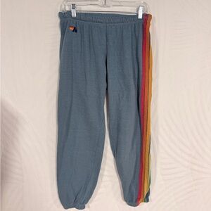Aviator Nation Blue Serape Rainbow Striped Sweatpants